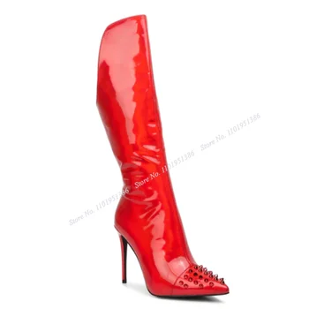 Abesire/Crvene Čizme do sredine Kavijara sa Zakovicama i Dekor, Čizme su na Strani Munje, Kratke Čizme, Ženske Cipele na Visoku Petu, Nova Moda, Zapatillas Mujer