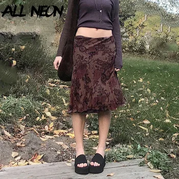 ALLNeon Fairy Grunge Estetika Smeđe Mrežaste Suknje Midi Y2K Ulica Suknja Trapeznog oblika sa po cijeloj površini i niska Struka Elfcore Odjeće Retro Jesen