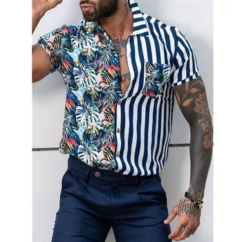 Havajski Košulja, Gospodo Prugasta Majica po cijeloj površini, Ljetne Majice Kratkih Rukava i Gumbe, Bluzu, Top, Slobodna Casual Košulja, Muška Odjeća, Camisas