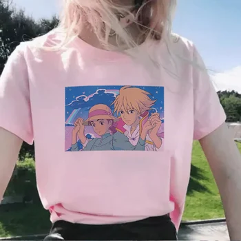 Japan Anime Harajuku slatka Crtani Ulzzang Ghibli vintage vegan Хаулз Pokretni Dvorac punk majice top print roza majica kratkih rukava