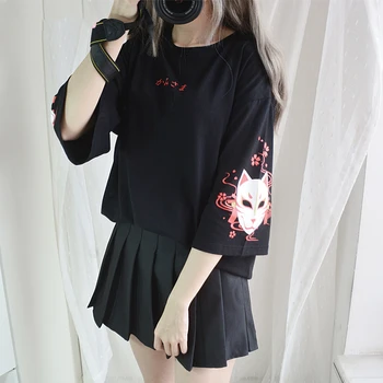 Japanski t-Shirt u Stilu Харадзюку, Ženska Vintage Majica Kawaii s anime Mačka, crne Majice za Djevojčice, Lolita, Gotička Animal Print, Оверсайз, Slatka Футбо