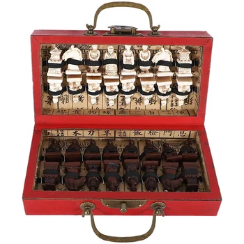 Kineski Drveni Kožna Kutija S 32 Dijelovima Terakota Figure Šahovski Set Zabava Dame, Šah Tradicionalne Igre