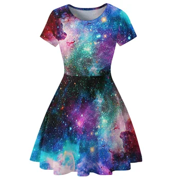 Ljetno mini haljinu s kratkim rukavima i Okruglog izreza, haljina s po cijeloj površini Galaksije/svemira, Seksi Ženska Odjeća Velikih Dimenzija