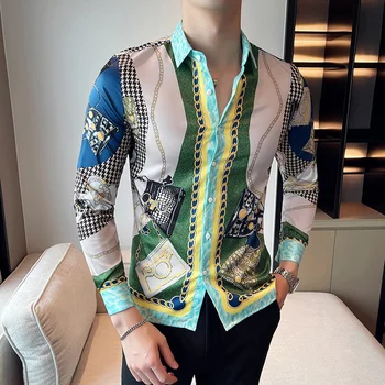 Luksuzna Bluza U Baroknom Stilu, Homme, Moderan Korejski Stil, Muška Majica S Paisley, Haljinu S Dugim Rukavima, Kockice Print, Klupska Camisa Social Masculina