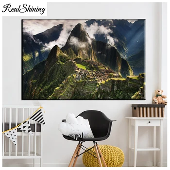 Machu Picchu, Peru, Planine, Oblaci, diamond slikarstvo, slike sa štrasom, pun trg Kružna Bušilica, Diamond mozaik, umjetnost FS6425