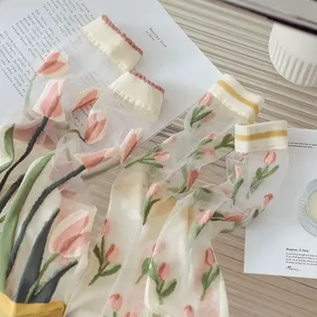 Nova Moda Crystal Svila Plima Čarape Tulipana Cvijeće Vez Staklo Ultra-Tanke Svile Ženska Čarapa