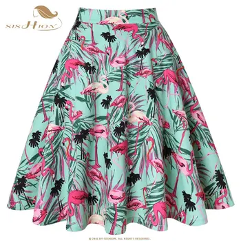 SISHION Ljetne Suknje s po cijeloj površini flamingo, Pamučne Ženske Školske Suknje Trapeznog Oblika Dužine Do Koljena s Visokim Strukom, Zelena Vintage Suknja-ljuljačka VD0020
