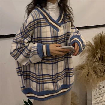 zimska odjeća za žene vintage Kontrast rešetke povući fatalne džemper neizvjesnoj ropa mujer Plus runo dugi rukav kardigan džemper