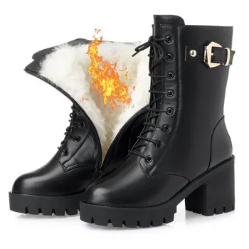 Zimske kožne ženske zimske cipele na visoku petu, Tople ženske vojne čizme od Debele Vune, Kvalitetne ženske zimske čizme