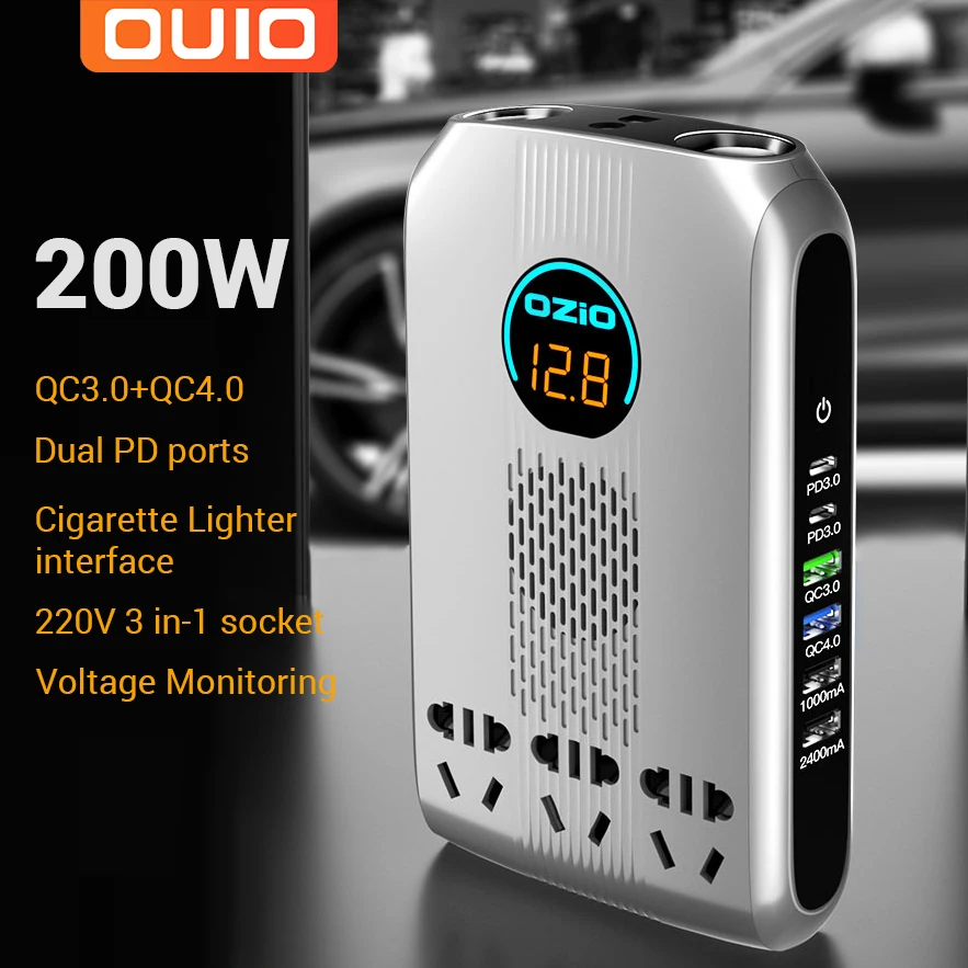 Auto Punjač 6 USB QC3.0 PD Brzo Punjenje 200 W, 12 v, 24 v Do 220 Led Ekran Auto-Inverter S 3 Utora 2 Upaljača Инверсор Slika 0