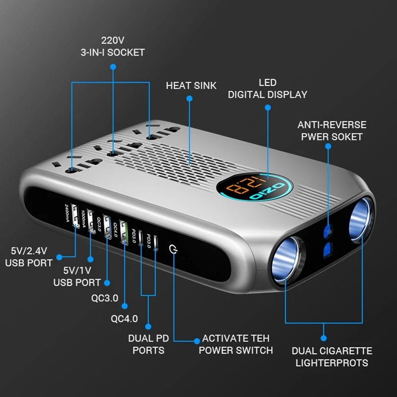 Auto Punjač 6 USB QC3.0 PD Brzo Punjenje 200 W, 12 v, 24 v Do 220 Led Ekran Auto-Inverter S 3 Utora 2 Upaljača Инверсор Slika 1
