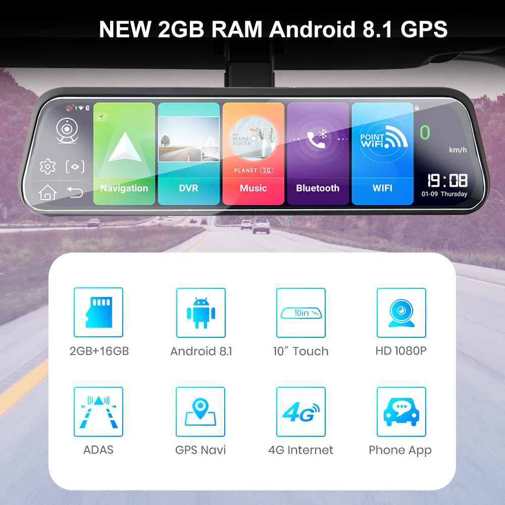 Bluavido 10 Inča, 4G Android 8,1 Auto Ogledalo Video GPS Navigacija ADAS stražnja Kamera AHD 1080P S Dva Cilja Video Slika 1