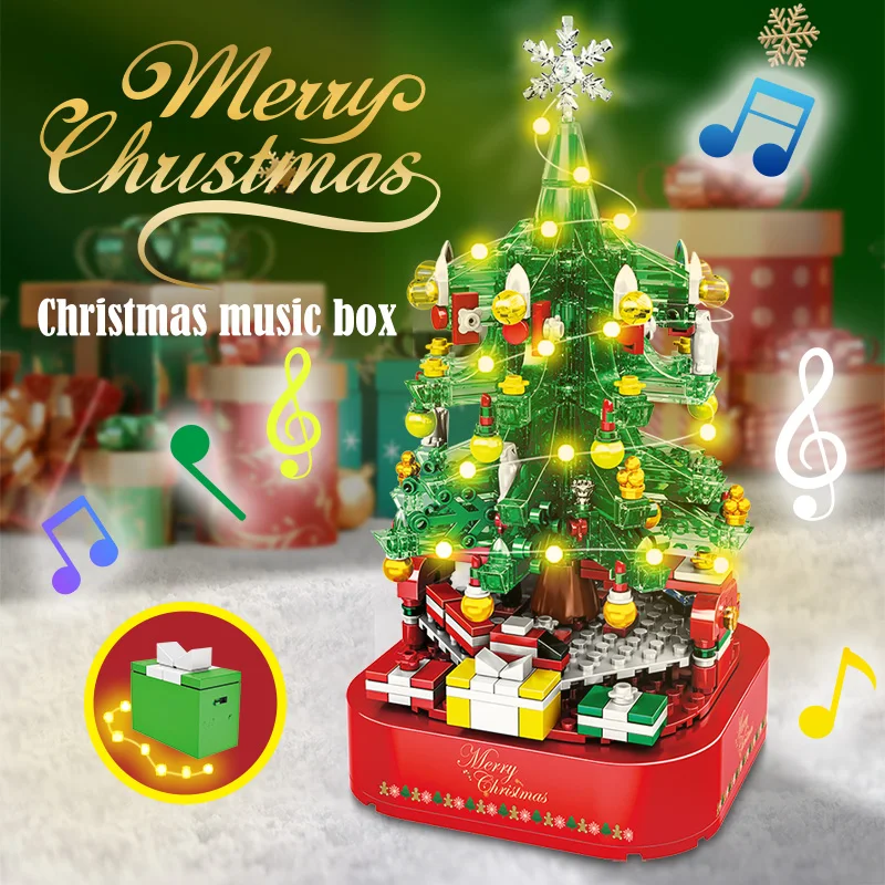 Gradska Božićno Drvce Revolving Muzička Kutija Gradivni Blokovi Prijatelji Djed Mraz Led Svjetlo Sjajna Božićne Cigle Igračke Za Djecu Djevojčice Slika 1
