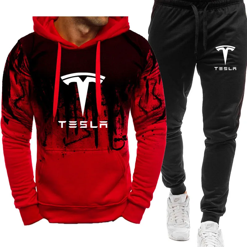 Jesen Zima Kapljice tinte muška ulica majica odijelo Tesla automobil logo ispis Runo 100% pamuk Visoke kvalitete Majica Pulover kit Slika 1