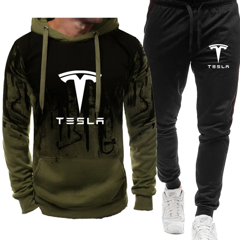 Jesen Zima Kapljice tinte muška ulica majica odijelo Tesla automobil logo ispis Runo 100% pamuk Visoke kvalitete Majica Pulover kit Slika 2