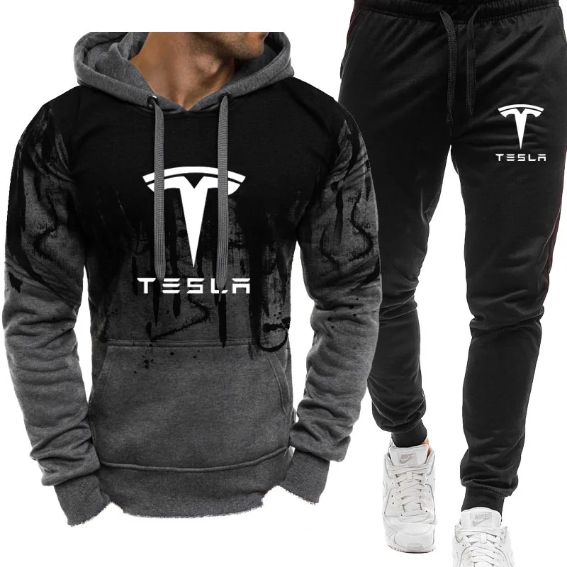 Jesen Zima Kapljice tinte muška ulica majica odijelo Tesla automobil logo ispis Runo 100% pamuk Visoke kvalitete Majica Pulover kit Slika 3