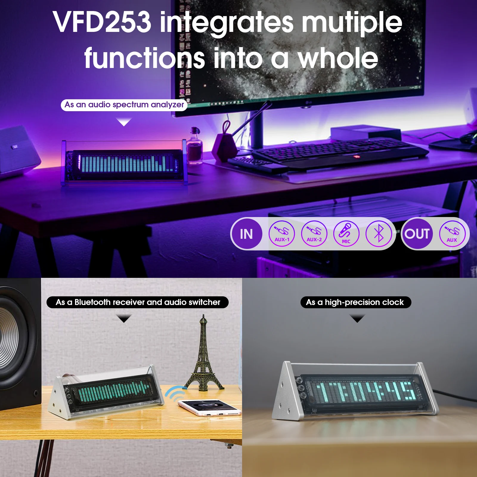 Nobsound Bluetooth 5,0 VFDS Sat Glazbeni Spektar prikaz na Zaslonu Mjerač Razine Zvuka 3,5 mm AUX Audio Prekidač Kutija Slika 3